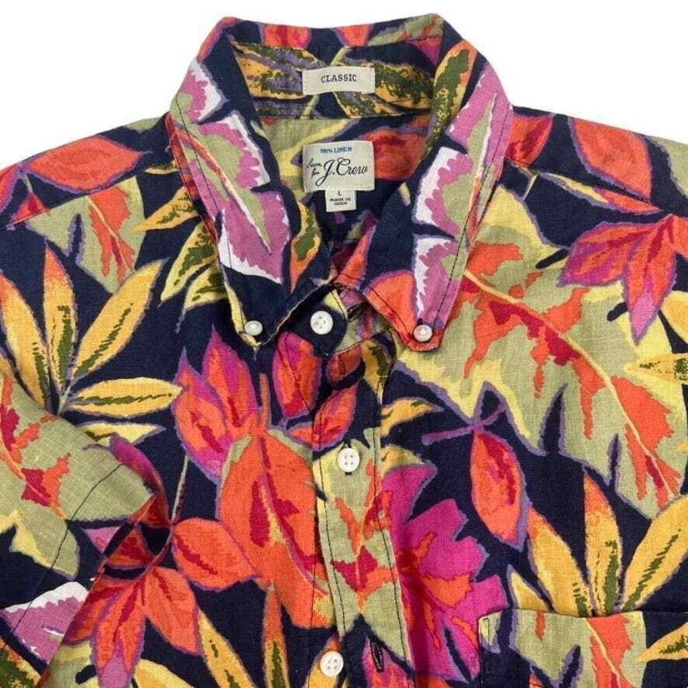 J Crew 100% Linen Hawaiian Shirt Short Sleeve Buttons Classic L